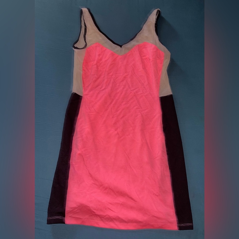 Fashion to Figure Hot Neon Pink and Nude Mesh Dress in Size 1X